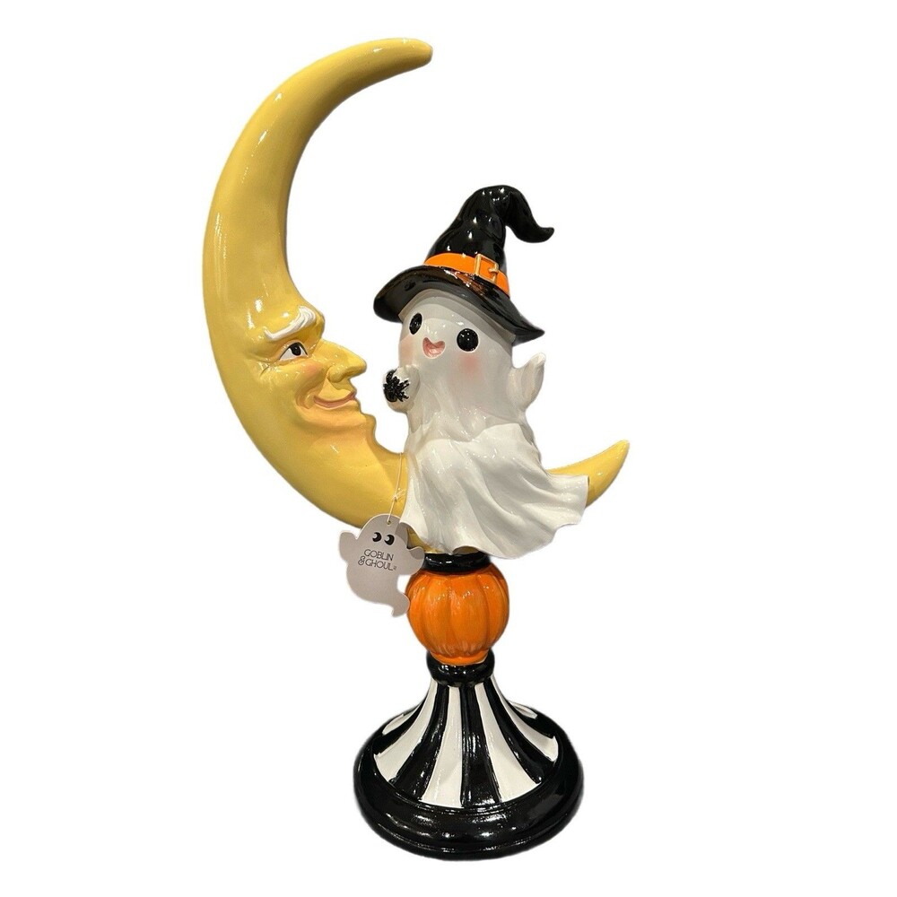 NIB Goblin & Ghoul Halloween Ghost Sitting On a Moon, NEW
